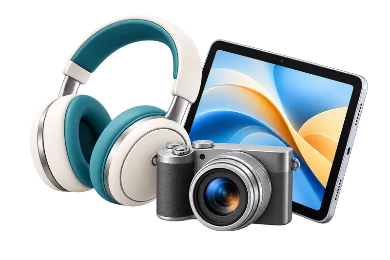 Kulaklık, tablet ve fotoğraf makinesi