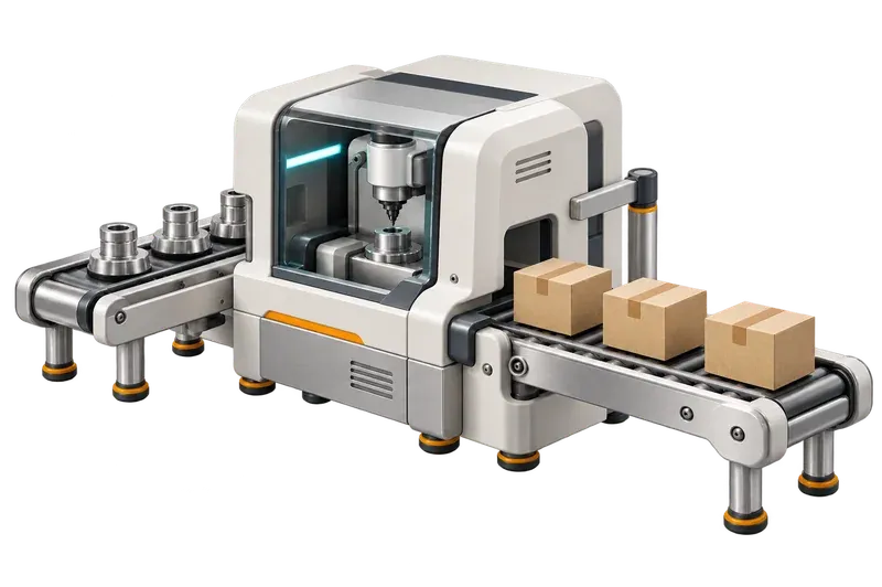 Üretim hattında çalışan makine ve paketlenmiş ürünler